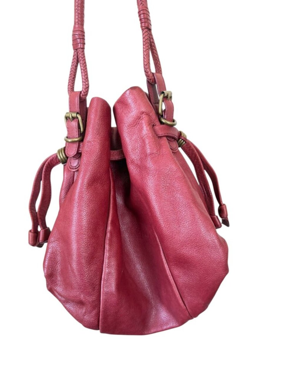 Elliott Lucca Pebbled Leather Bucket Bag Hobo Shoulder Purse Berry Red - Picture 9 of 12